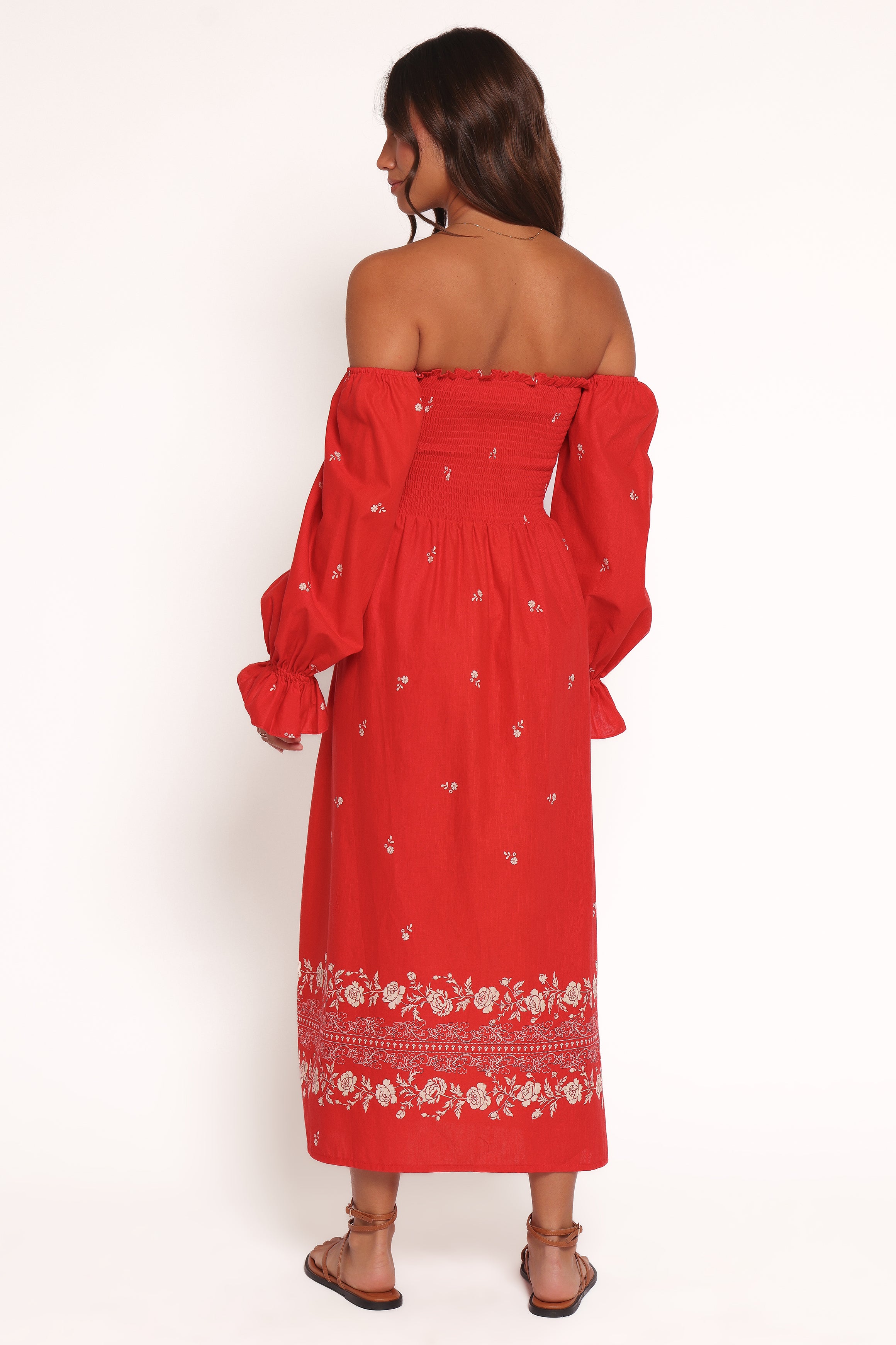 Petal and Pup USA DRESSES Domenica Shirred Long Sleeve Midi Dress - Red Floral Bandana (Hold for Amazon)