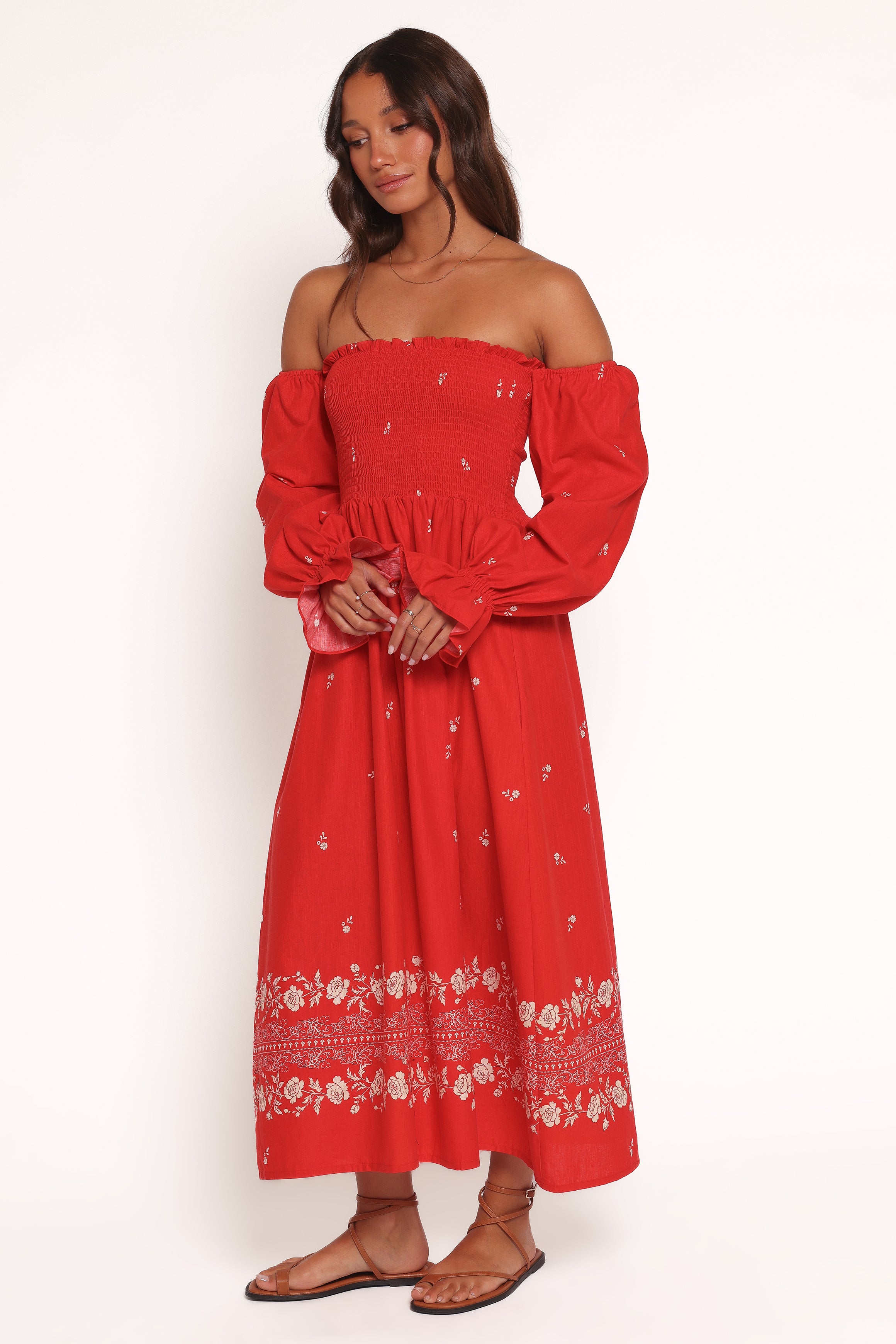 Petal and Pup Women's Domenica Shirred Long Sleeve Midi Dress - Red Floral Bandana XS Petal and Pup Women's Domenica Shirred Long Sleeve Midi Dress - Red Floral Bandana XS