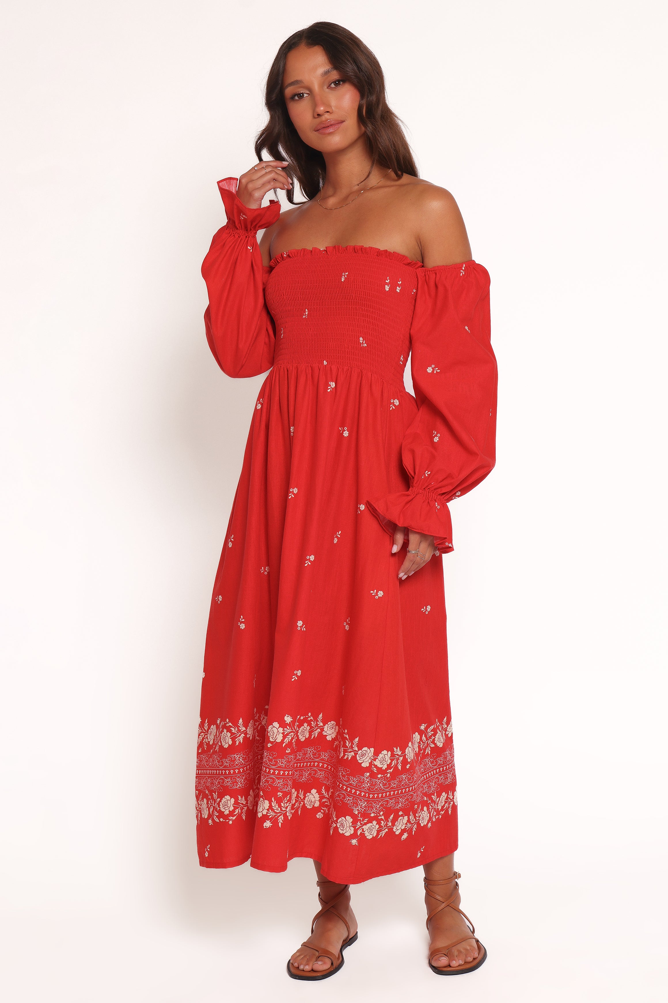 Domenica Shirred Long Sleeve Midi Dress - Red Floral Bandana | Petal & Pup USA Domenica Shirred Long Sleeve Midi Dress - Red Floral Bandana | Petal & Pup USA