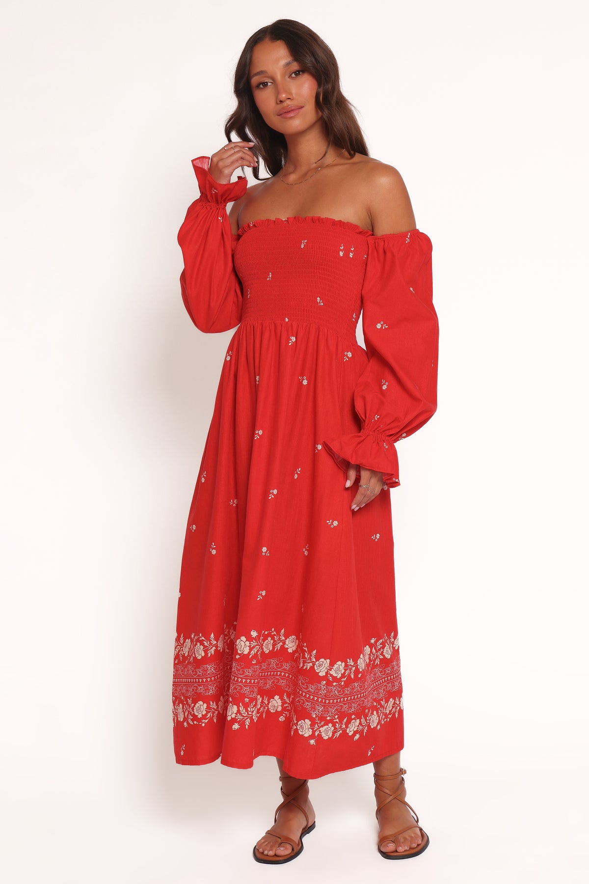 Petal and Pup Women's Domenica Shirred Long Sleeve Midi Dress - Red Floral Bandana