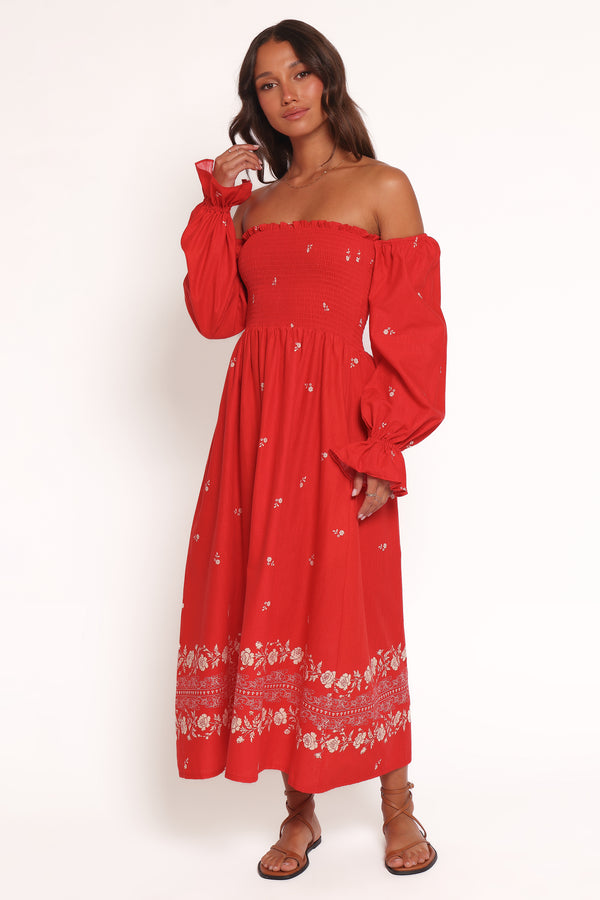Petal and Pup USA DRESSES Domenica Shirred Long Sleeve Midi Dress - Red Floral Bandana (Hold for Amazon)