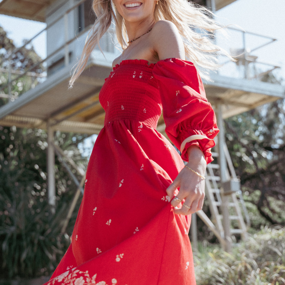 chinese dress ladies Domenica Shirred Long Sleeve Midi Dress - Red Floral Bandana