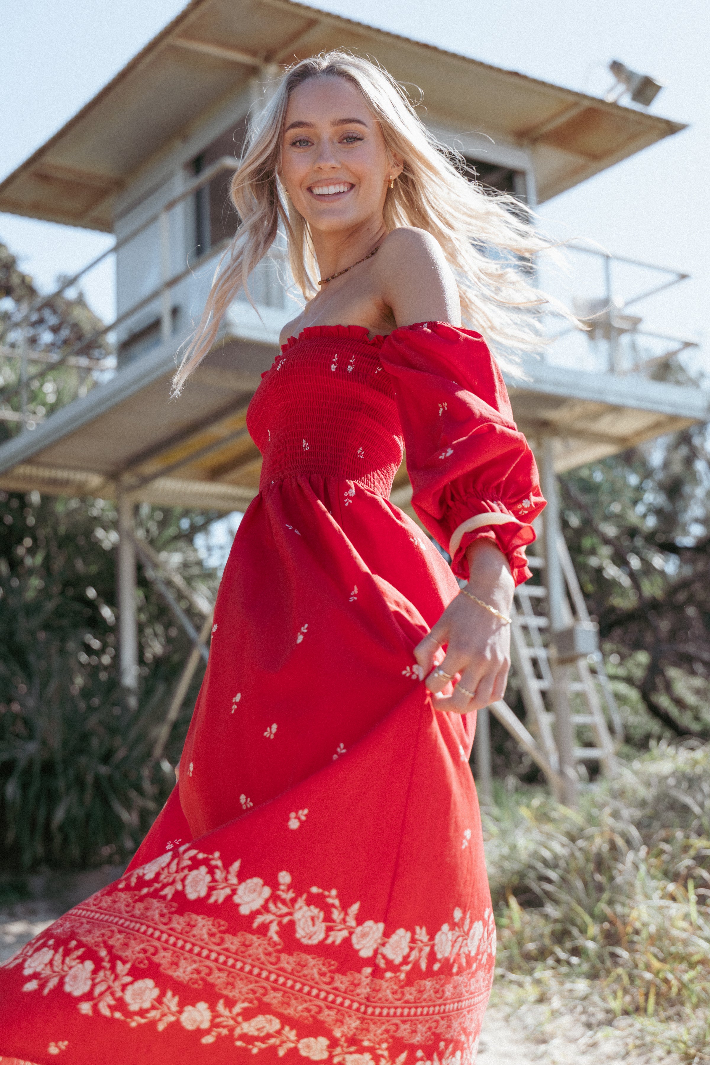 Petal and Pup Women's Domenica Shirred Long Sleeve Midi Dress - Red Floral Bandana
