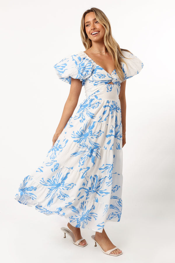 Petal and Pup USA DRESSES Dominique Midi Dress - Blue Floral Print