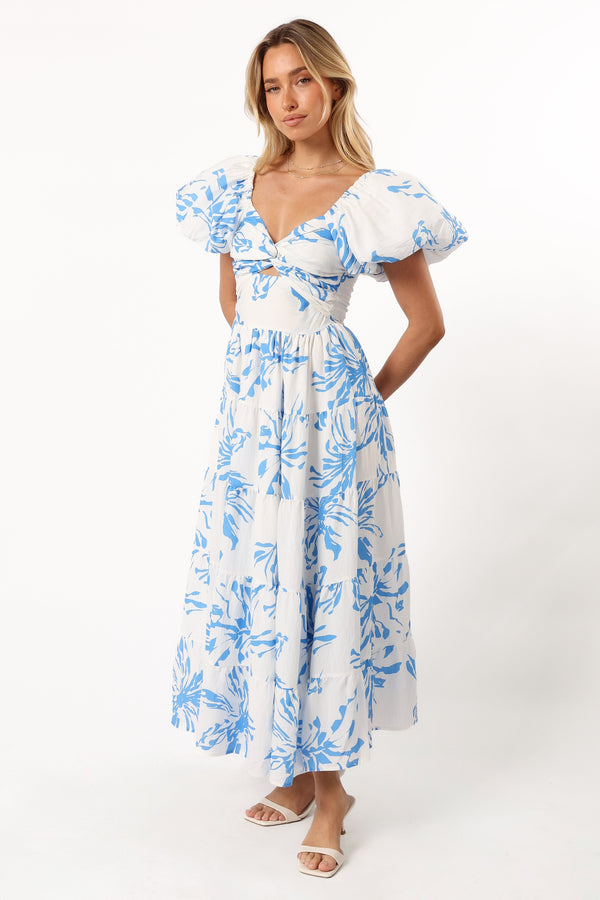 Petal and Pup USA DRESSES Dominique Midi Dress - Blue Floral Print