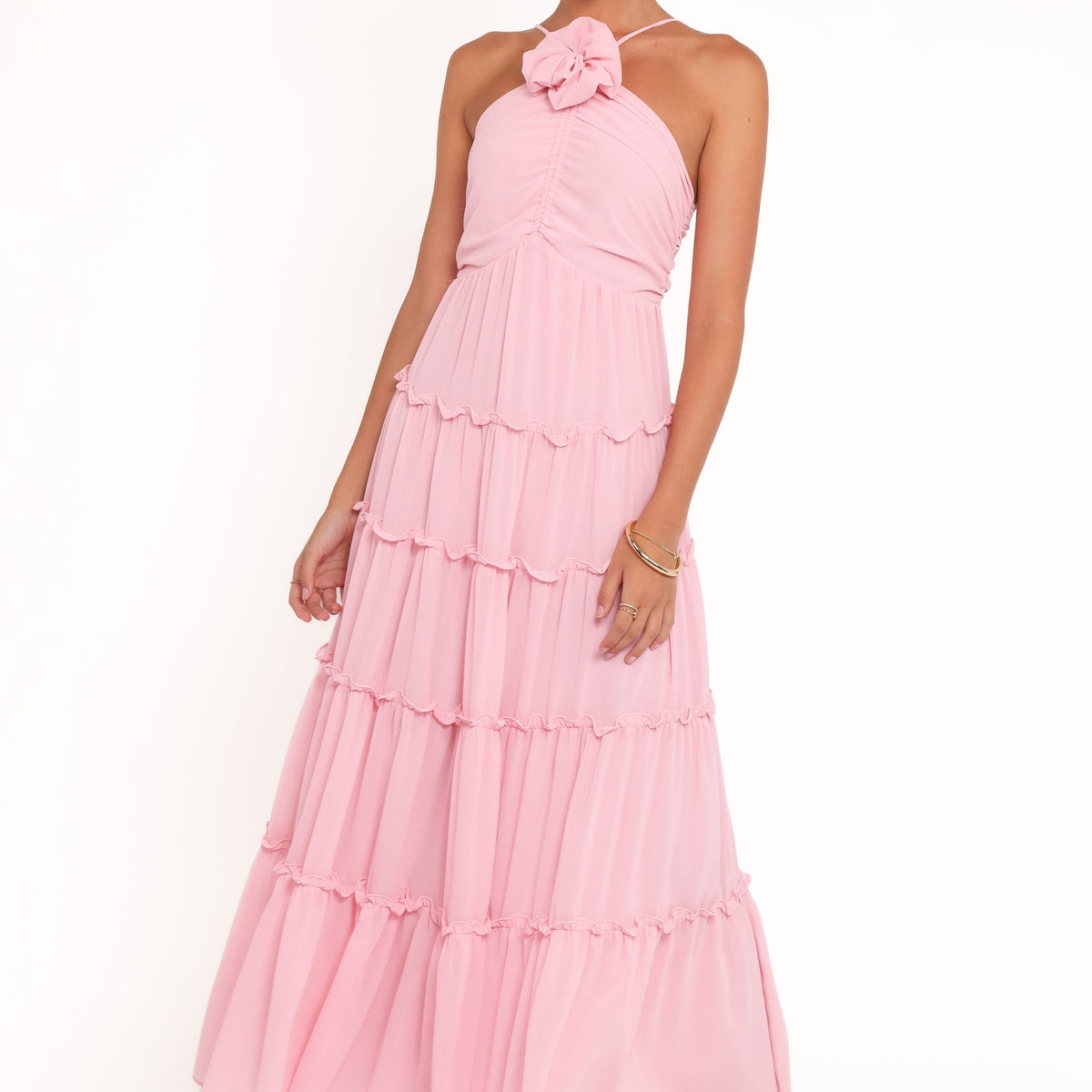 open lace back dress Georgie Pink Ruffle Prom Dress main image 1