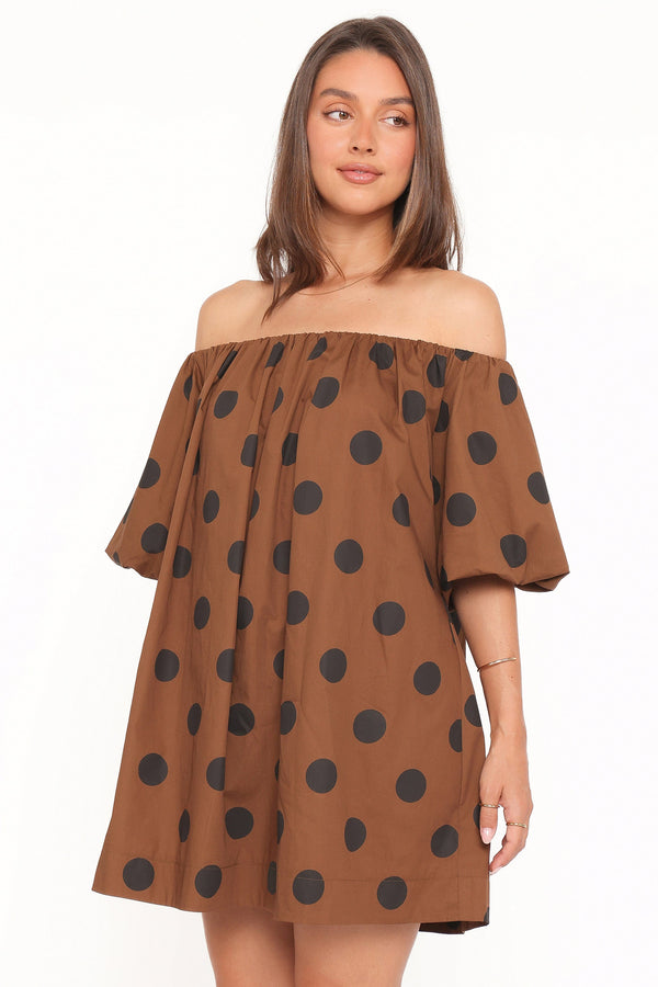 Petal and Pup USA DRESSES Eddie Mini Dress - Brown Polka Dot