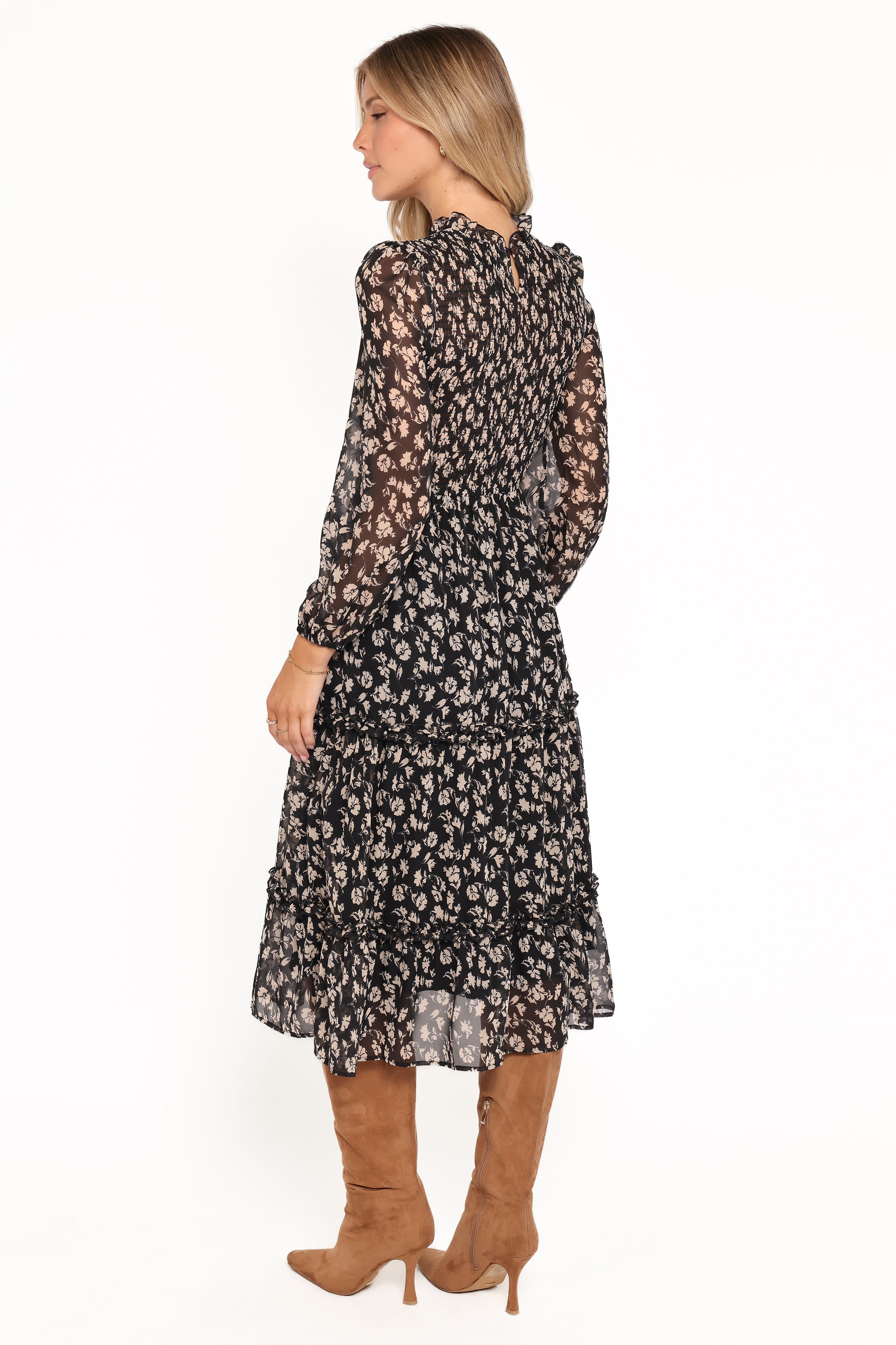 Petal and Pup USA DRESSES Edwina Shirred Frill Long Sleeve Midi Dress - Black Ditsy Floral