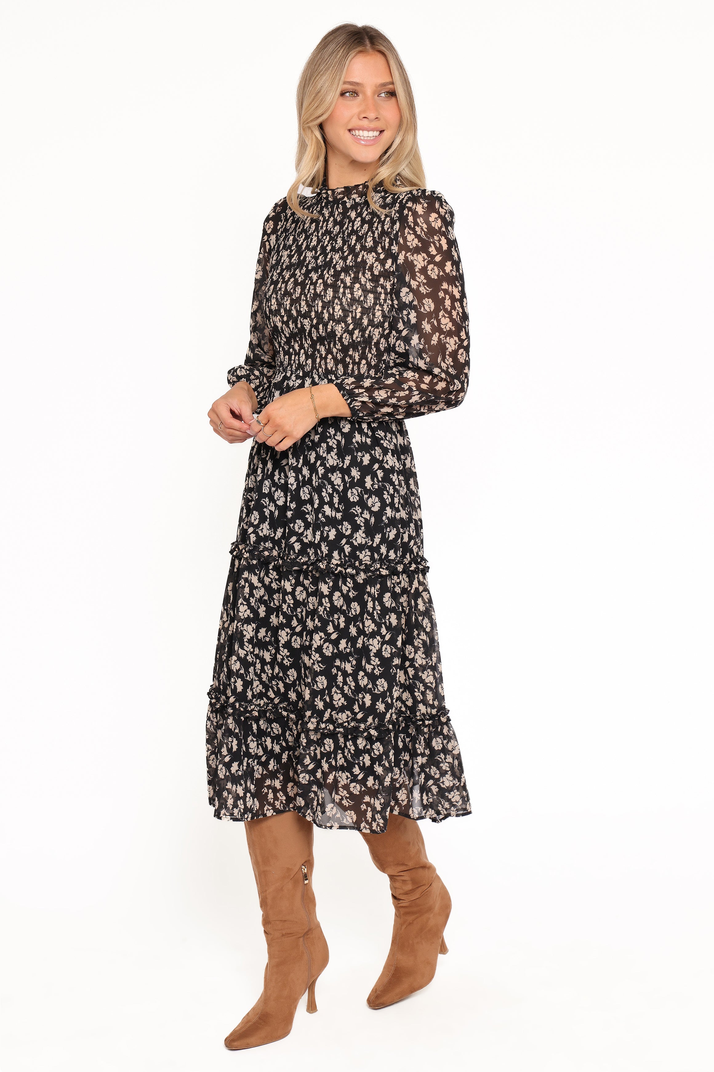 Petal and Pup USA DRESSES Edwina Shirred Frill Long Sleeve Midi Dress - Black Ditsy Floral
