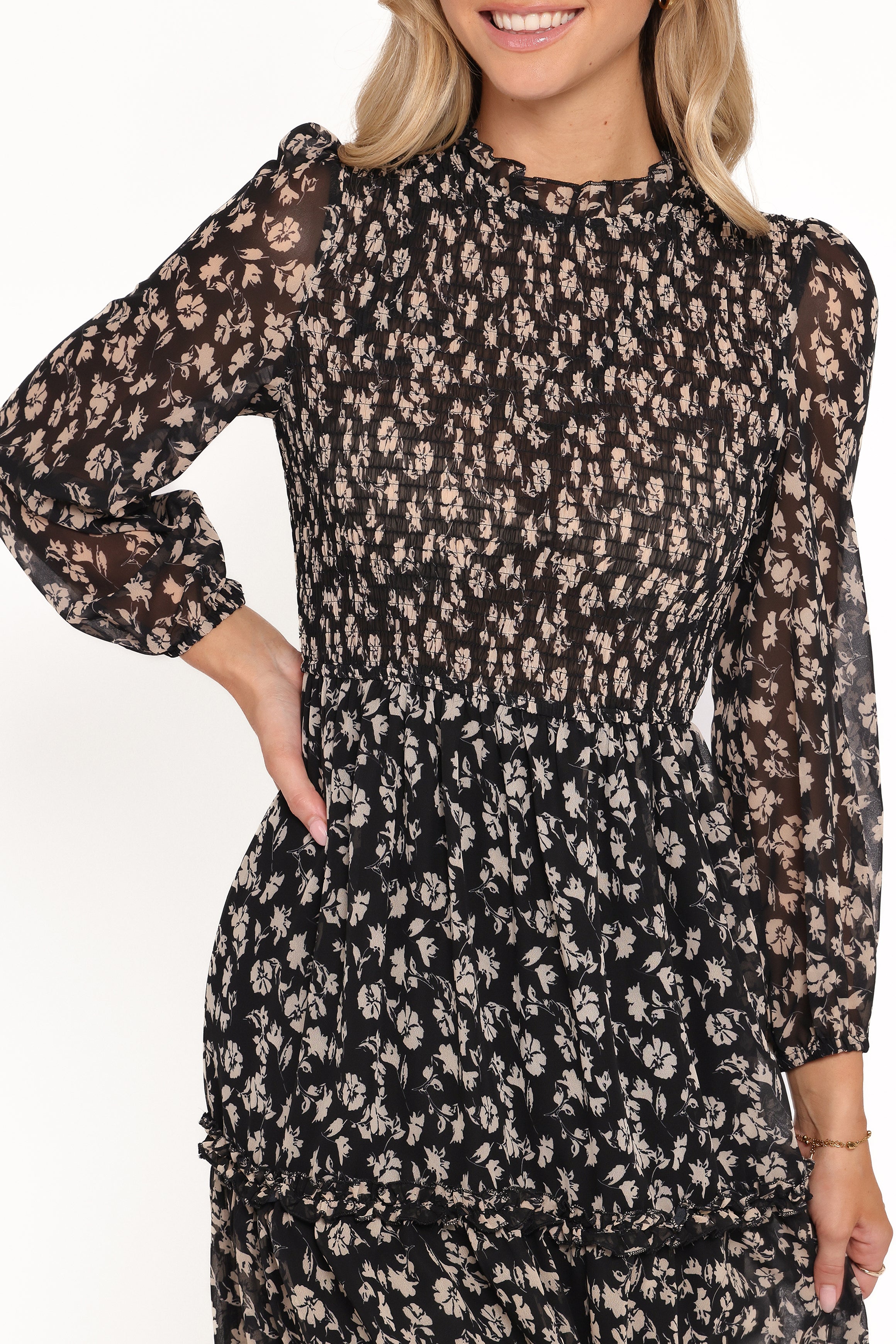 Petal and Pup USA DRESSES Edwina Shirred Frill Long Sleeve Midi Dress - Black Ditsy Floral