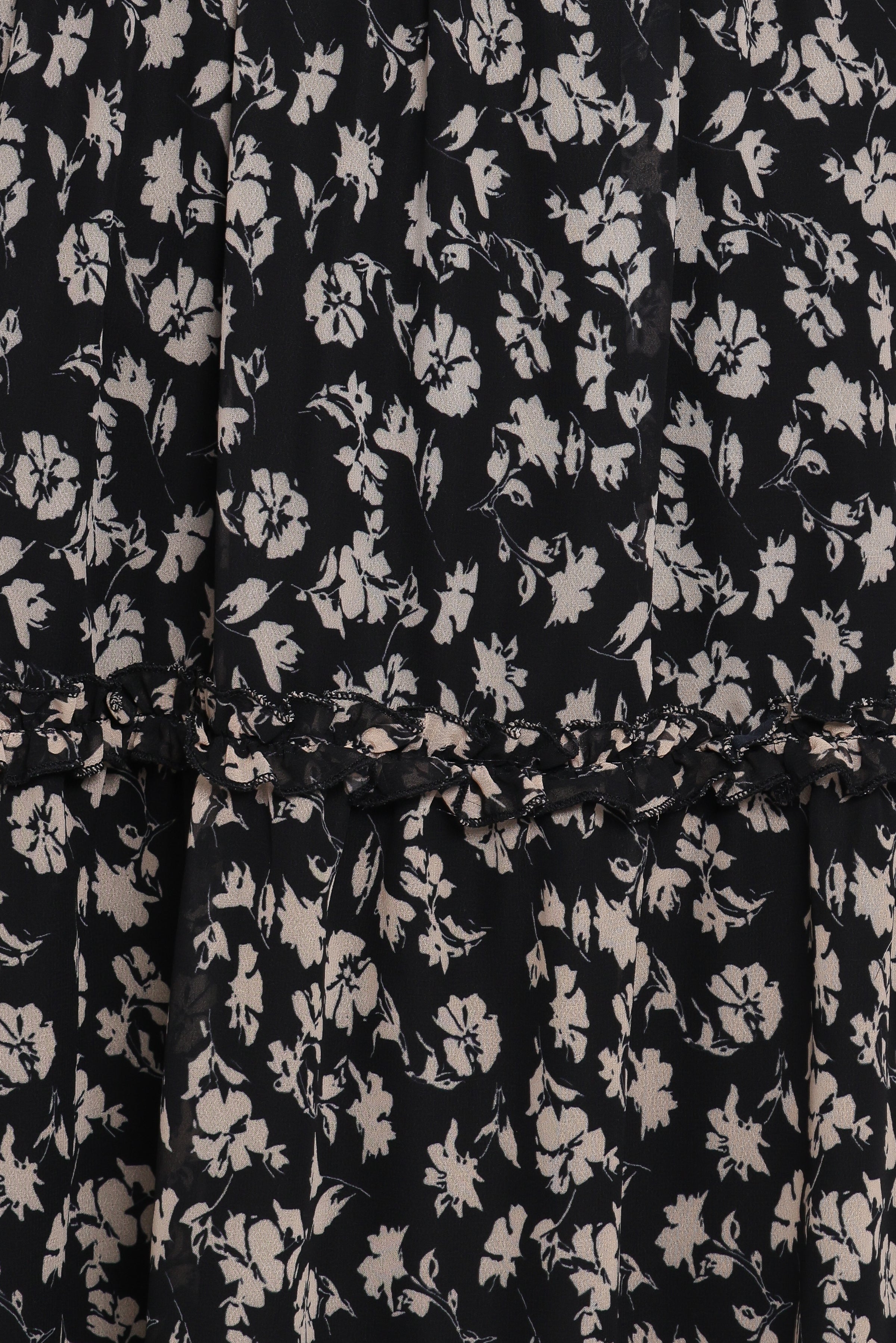 Petal and Pup USA DRESSES Edwina Shirred Frill Long Sleeve Midi Dress - Black Ditsy Floral