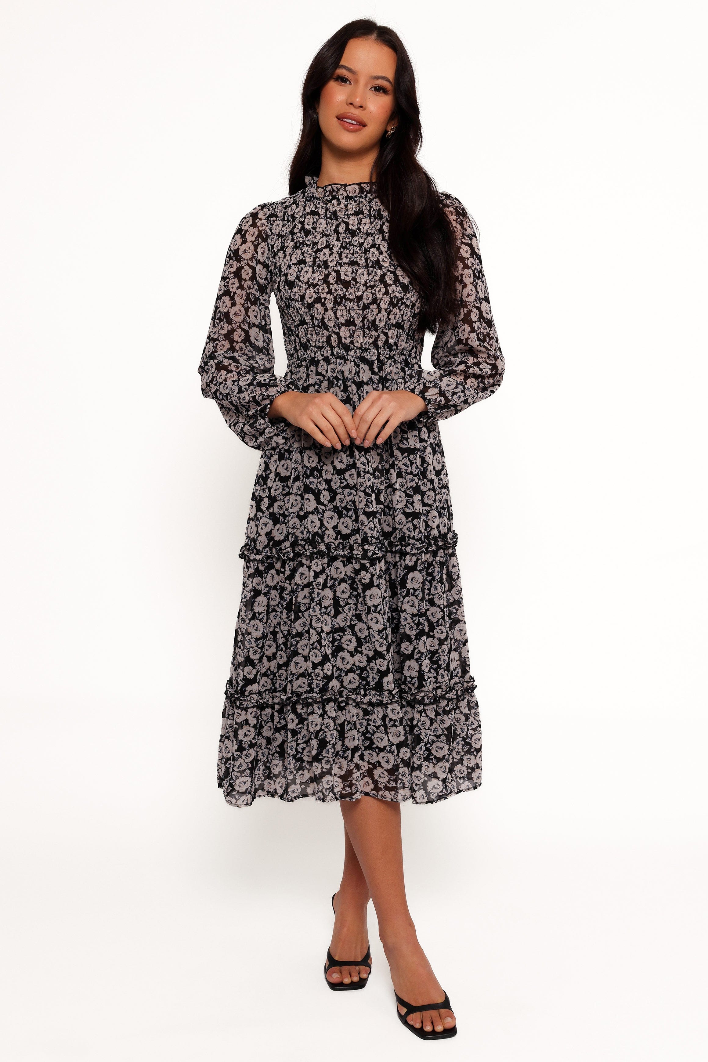 Petal and Pup USA DRESSES Edwina Shirred Frill Long Sleeve Midi Dress - Black Floral