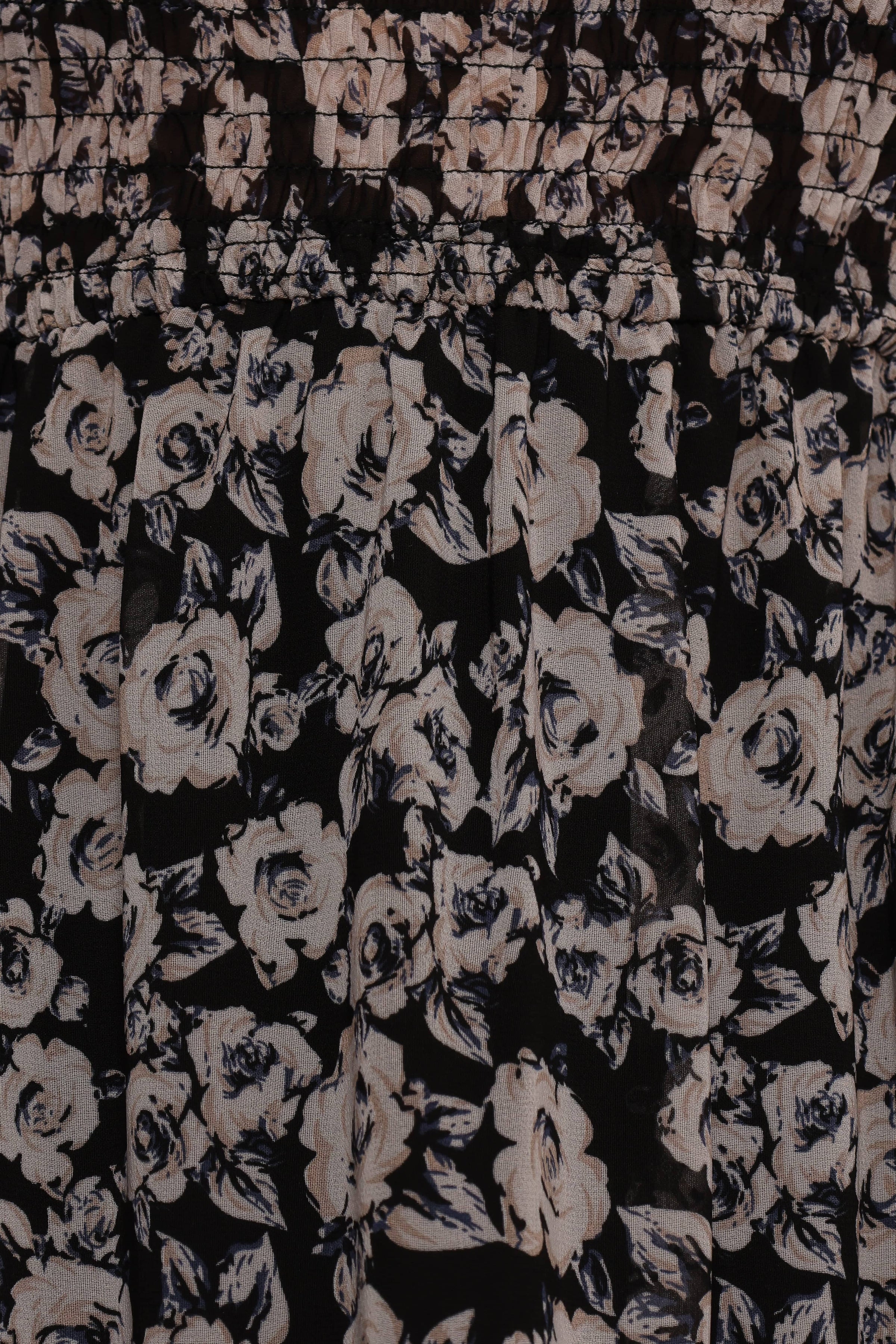 Petal and Pup USA DRESSES Edwina Shirred Frill Long Sleeve Midi Dress - Black Floral