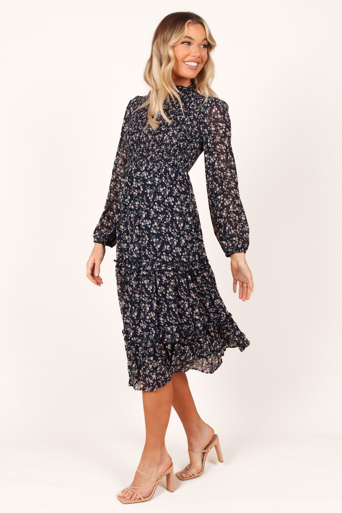 evalina navy blue floral print mock neck midi dress  lulus evalina navy blue floral print mock neck midi dress nwt sz m  (125482338685), 
