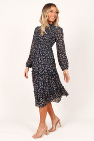 Petal and Pup USA DRESSES Edwina Shirred Frill Long Sleeve Midi Dress - Navy Floral