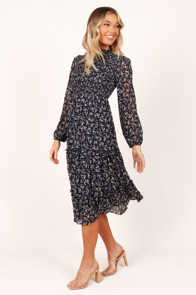 Henny Midi Dress - Long Sleeve Split Dress in Dusk Floral | Showpo