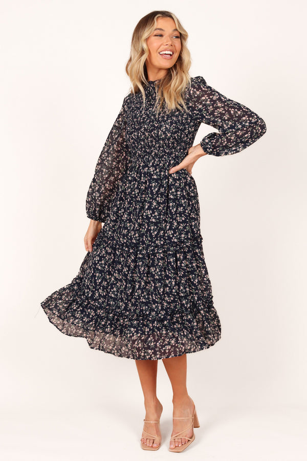 Petal and Pup USA DRESSES Edwina Shirred Frill Long Sleeve Midi Dress - Navy Floral