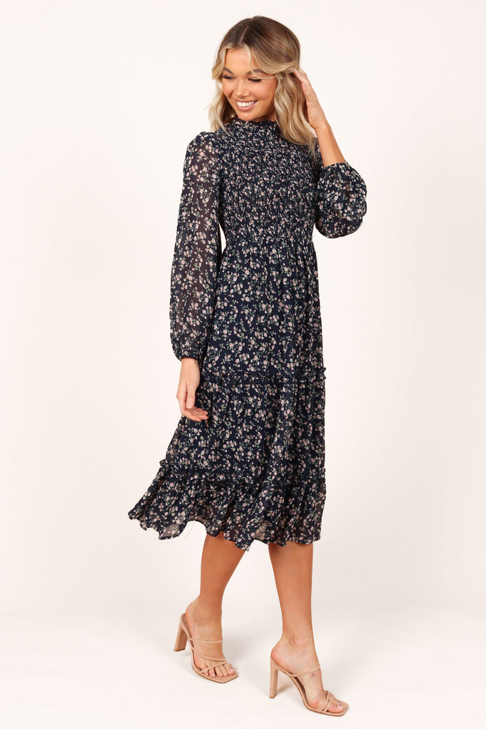 Edwina Shirred Frill Long Sleeve Midi Dress - Navy Floral