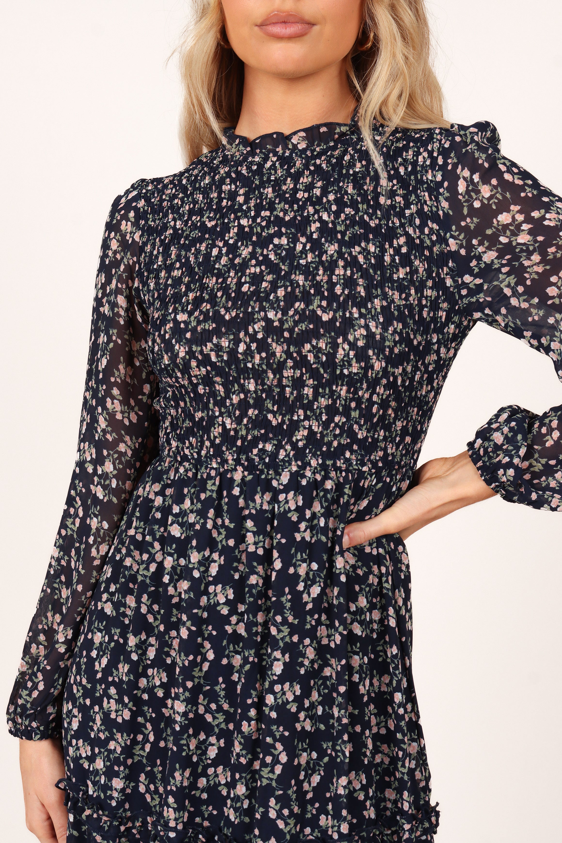 Petal Pup Edwina Shirred Frill Long Sleeve Midi Dress Navy Floral Xs