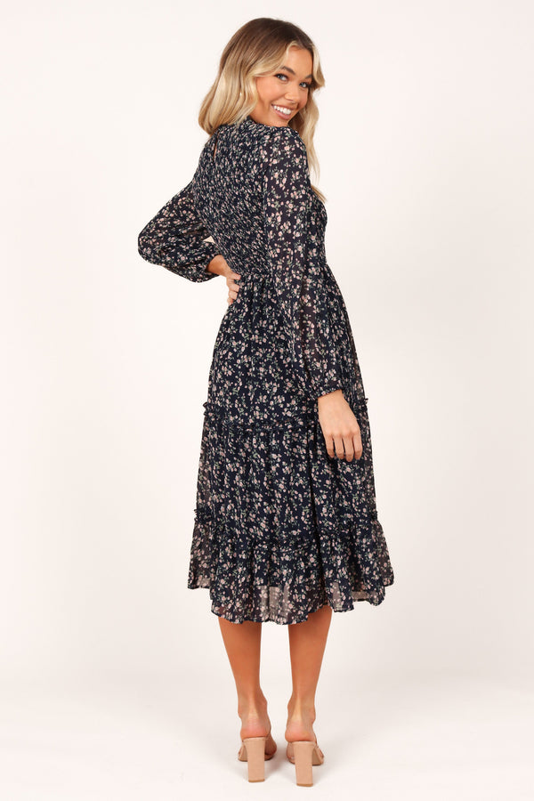 Petal and Pup USA DRESSES Edwina Shirred Frill Long Sleeve Midi Dress - Navy Floral