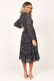 Edwina Shirred Frill Long Sleeve Midi Dress - Navy Floral - Petal & Pup USA