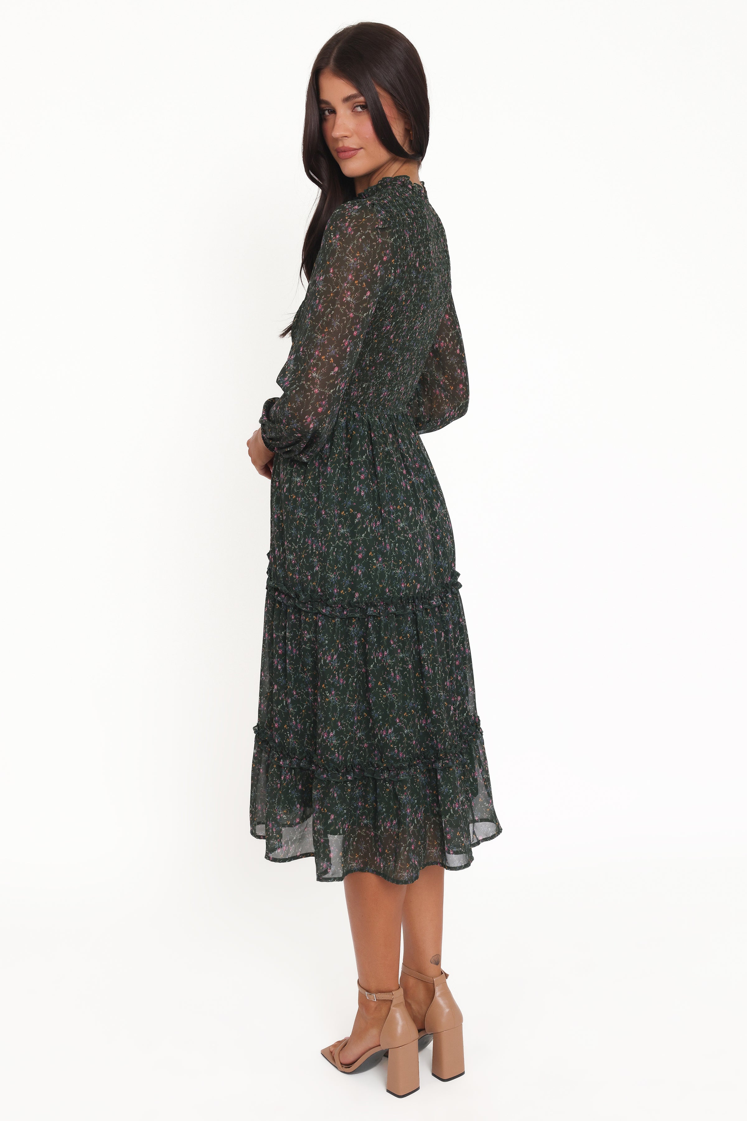 Petal and Pup USA DRESSES Edwina Shirred Frill Long Sleeve Midi Dress - Olive Floral