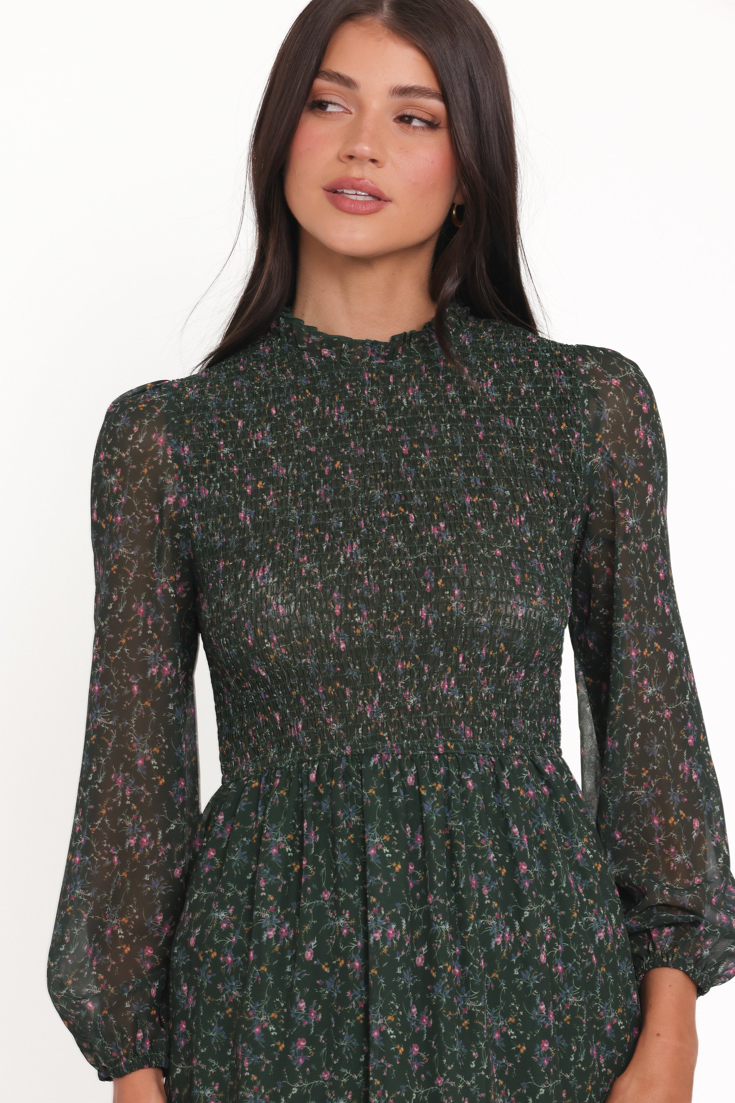 Petal and Pup USA DRESSES Edwina Shirred Frill Long Sleeve Midi Dress - Olive Floral