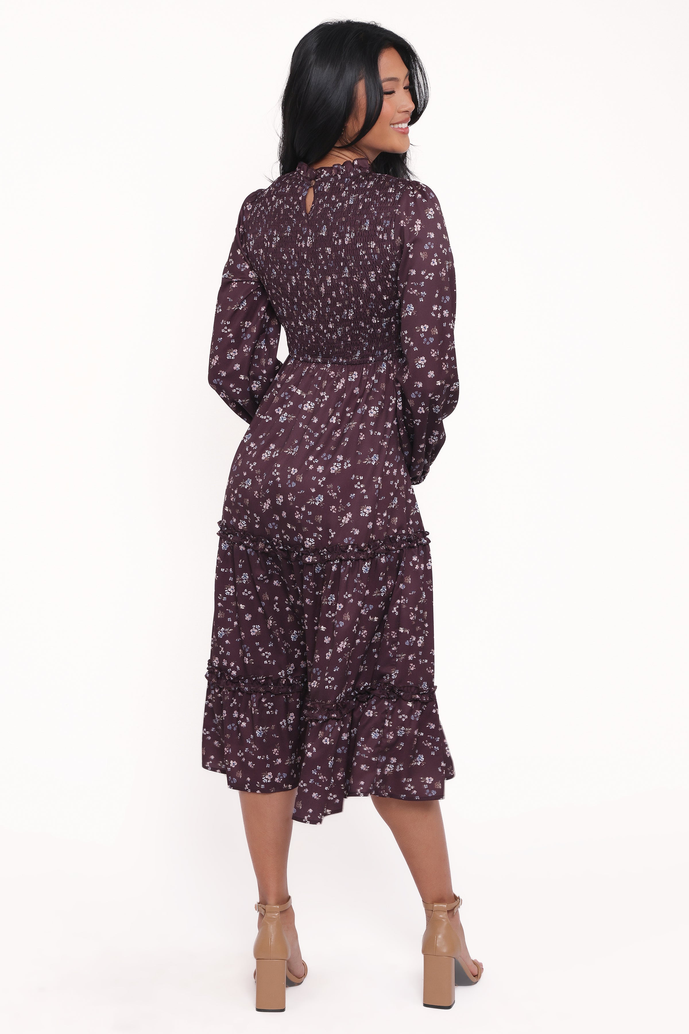 Petal and Pup USA DRESSES Edwina Shirred Frill Long Sleeve Midi Dress - Plum Floral