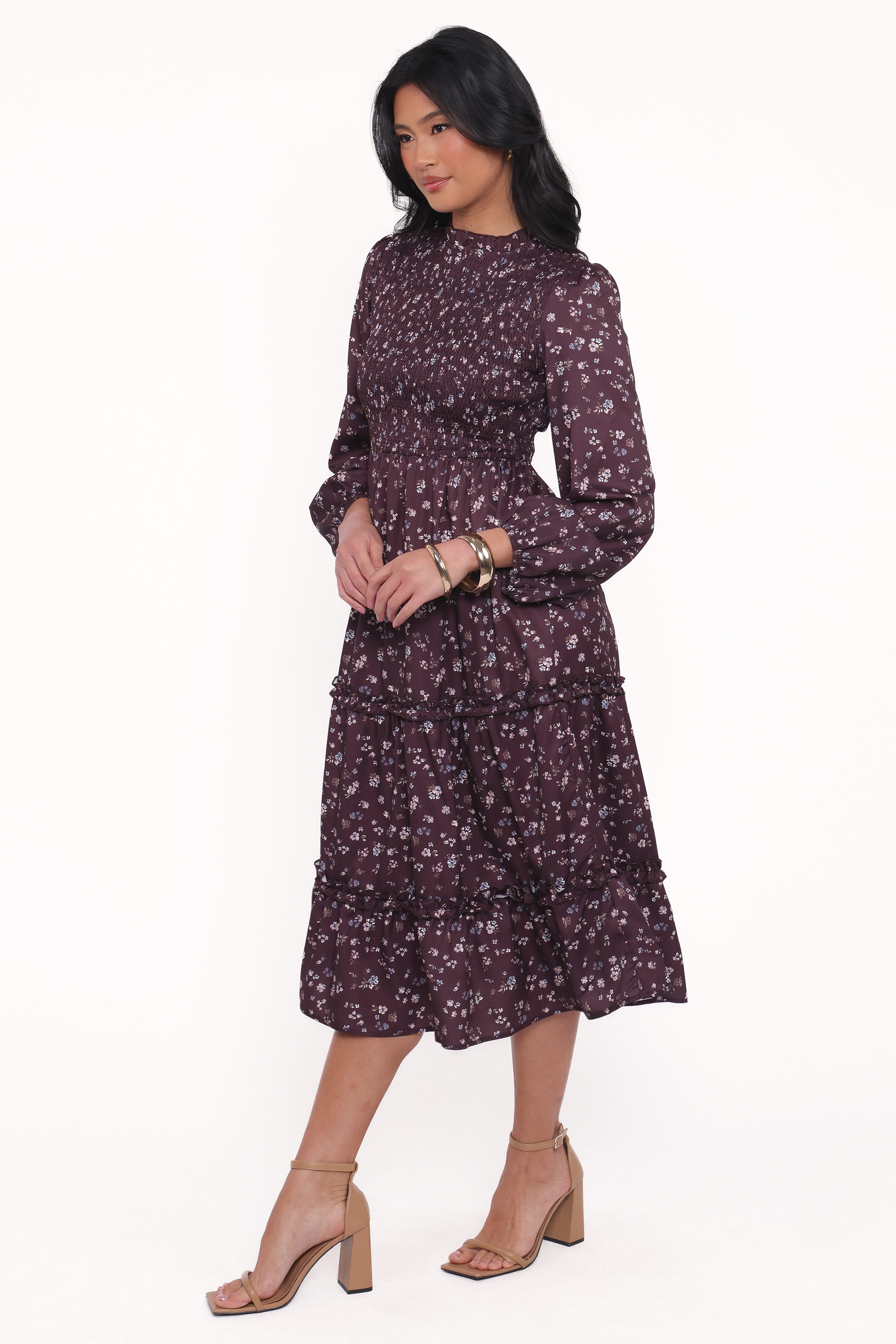 Edwina Shirred Frill Long Sleeve Midi Dress - Plum Floral | Petal