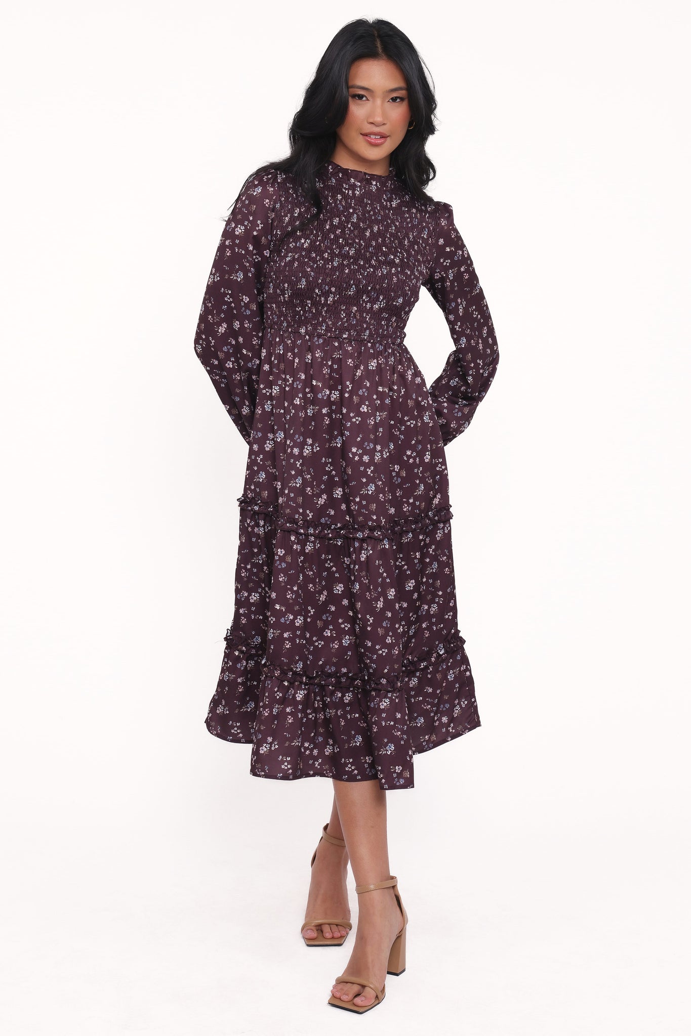 Edwina Shirred Frill Long Sleeve Midi Dress