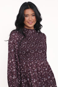 Petal and Pup USA DRESSES Edwina Shirred Frill Long Sleeve Midi Dress - Plum Floral