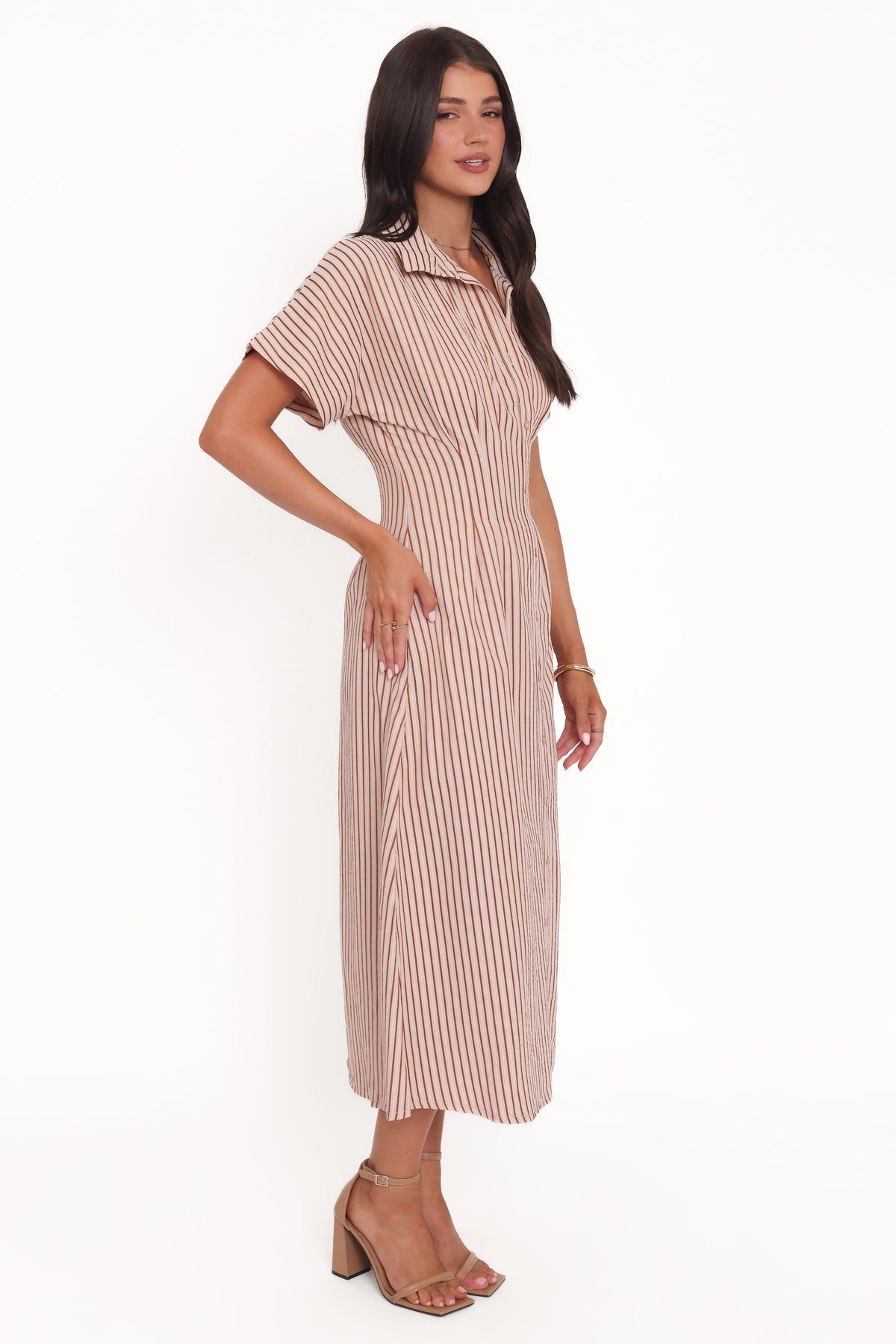 maxi short sleeve shirt dress Eilis Short Sleeve Button Down Maxi Dress - Brown Stripe