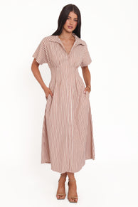 Petal and Pup USA DRESSES Eilis Short Sleeve Button Down Maxi Dress - Brown Stripe