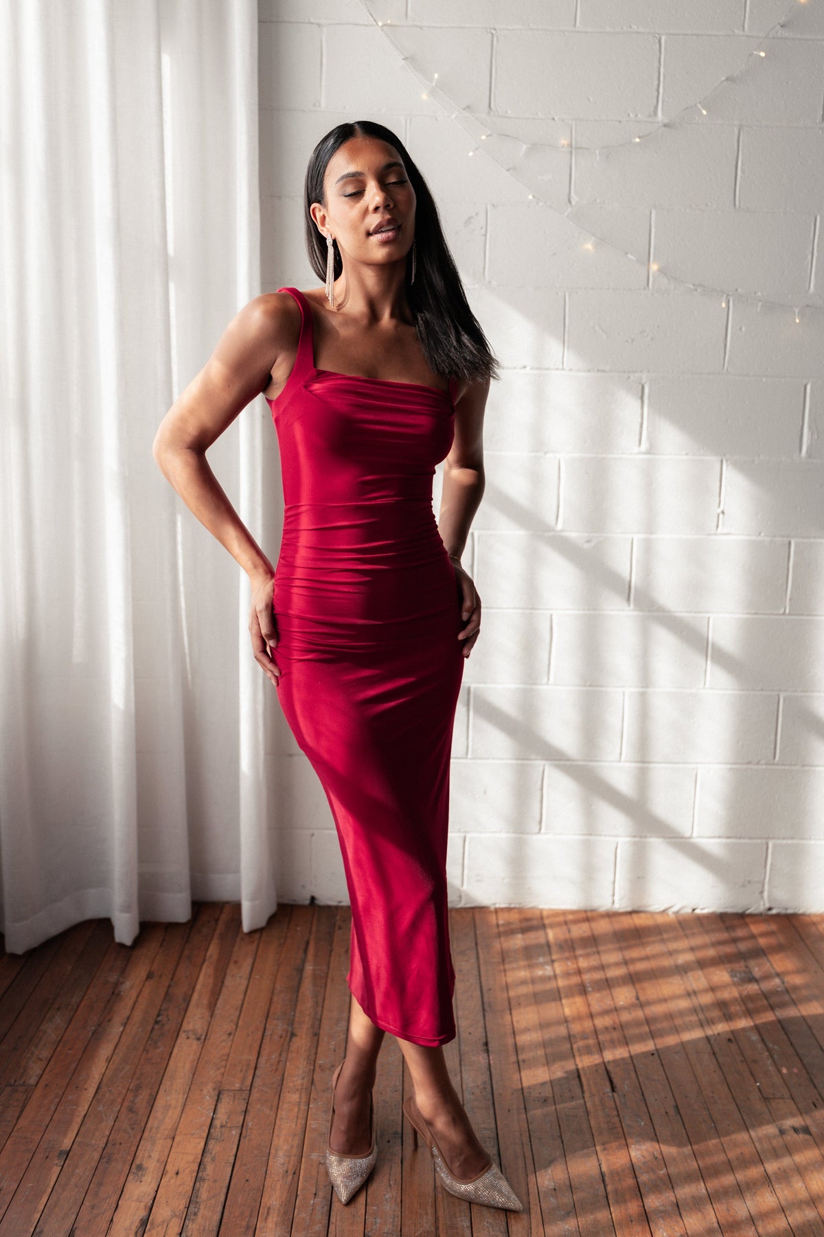 wine red satin midi dress Petal and Pup Women's Eira Maxi Dress
