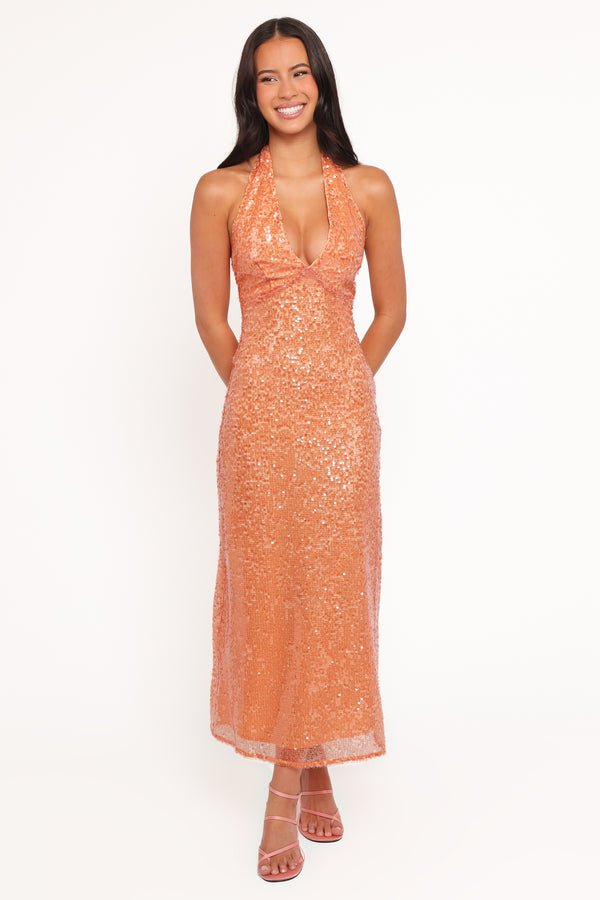 Petal and Pup USA DRESSES Eisley Halter Midi Dress - Orange Sequin