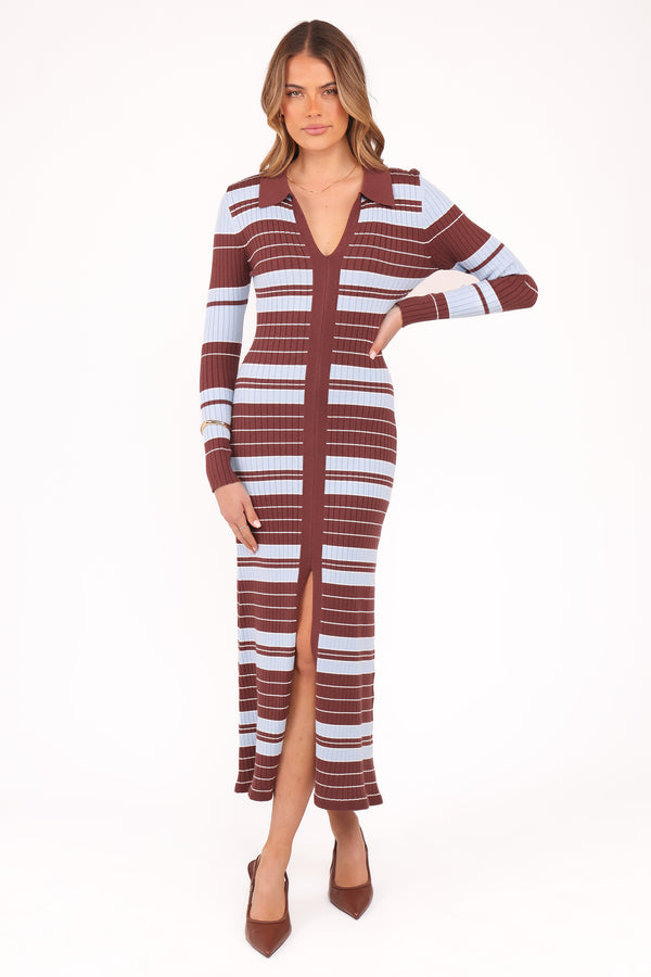 Petal and Pup USA DRESSES Eliana Long Sleeve Midi Dress - Brown Blue Stripe