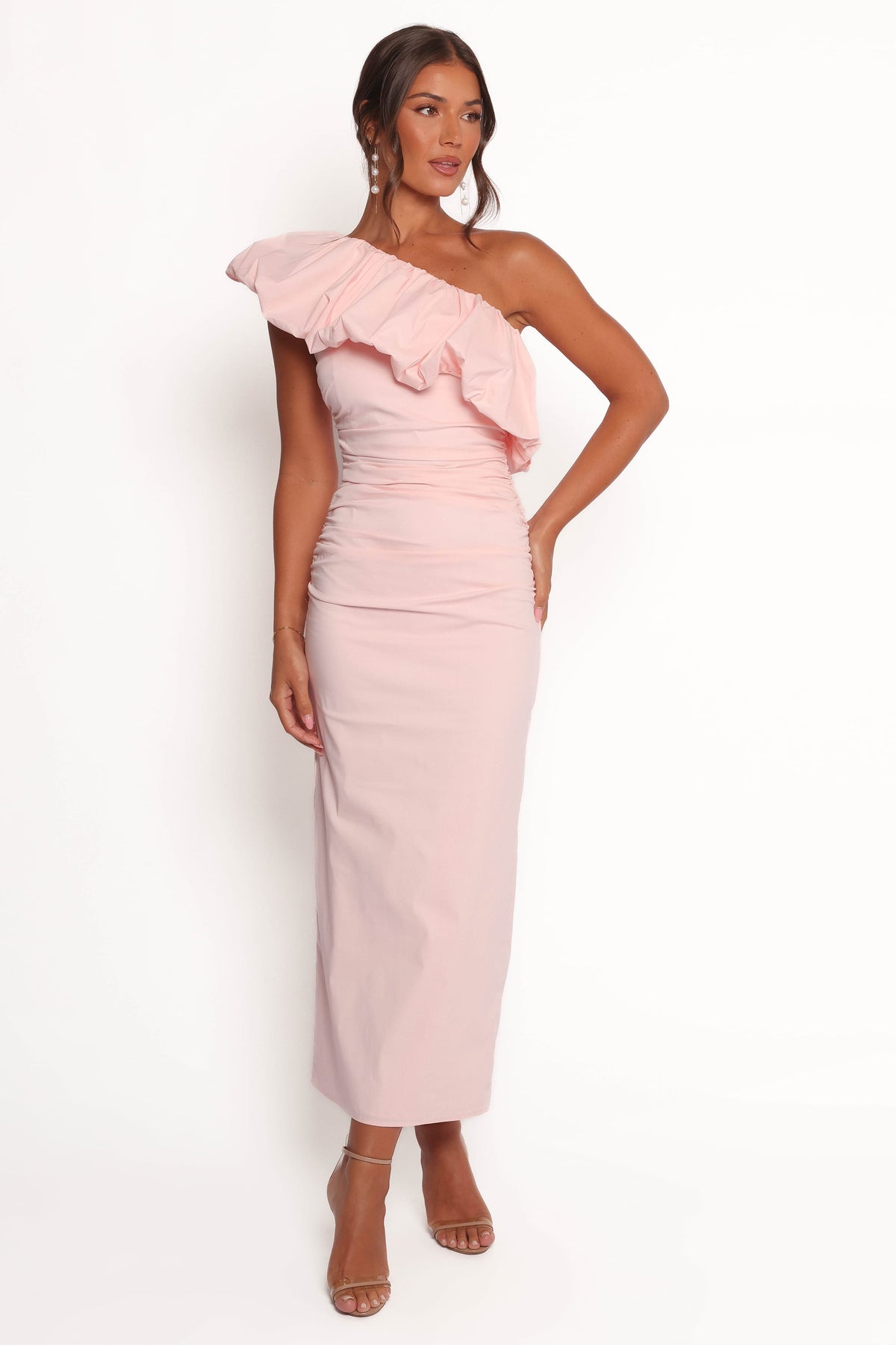 ballet pink bridesmaid dresses Petal and Pup Women's Eliya One Shoulder Frill Maxi Dress