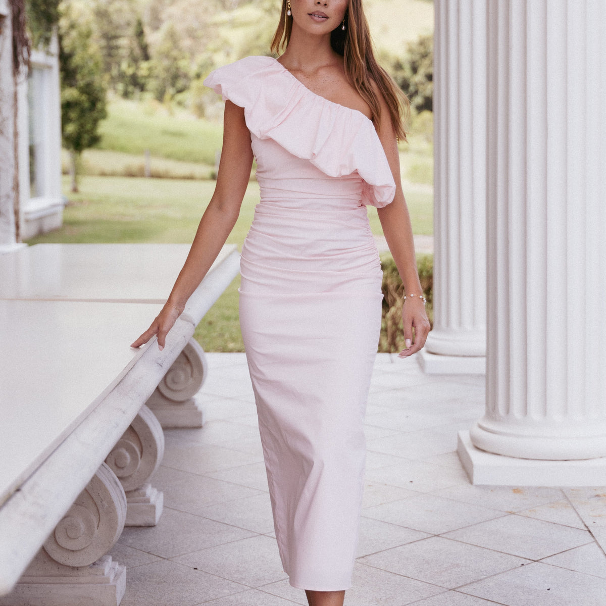 pink ruffle shoulder dress Pink Ruffle Sleeve V Neck A Line Gown