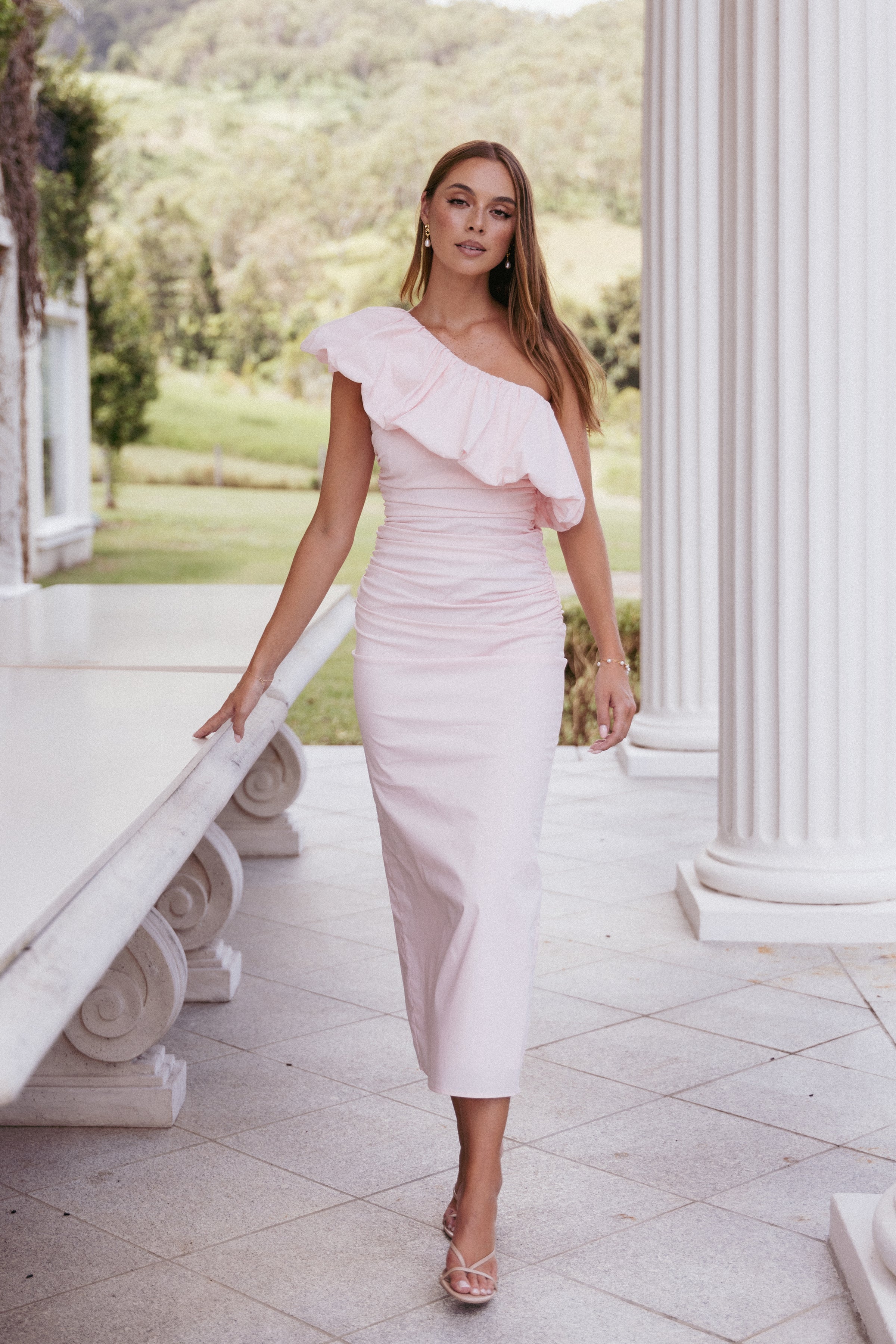 Petal and Pup USA DRESSES Eliya One Shoulder Frill Maxi Dress - Ballet Pink