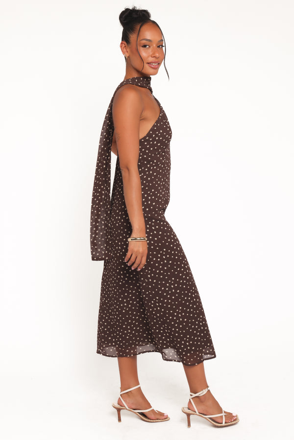Petal and Pup USA DRESSES Elva Halterneck Midi Dress - Brown Polka Dot