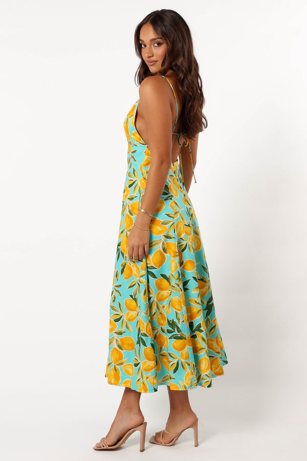 Petal and Pup USA DRESSES Emery Lemon Print Midi Dress - Sky Lemon