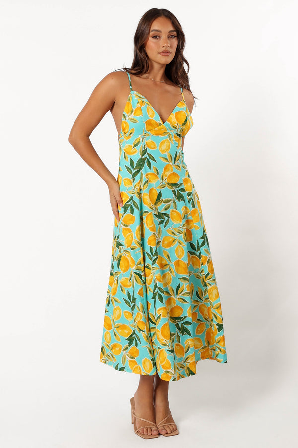 Petal and Pup USA DRESSES Emery Lemon Print Midi Dress - Sky Lemon