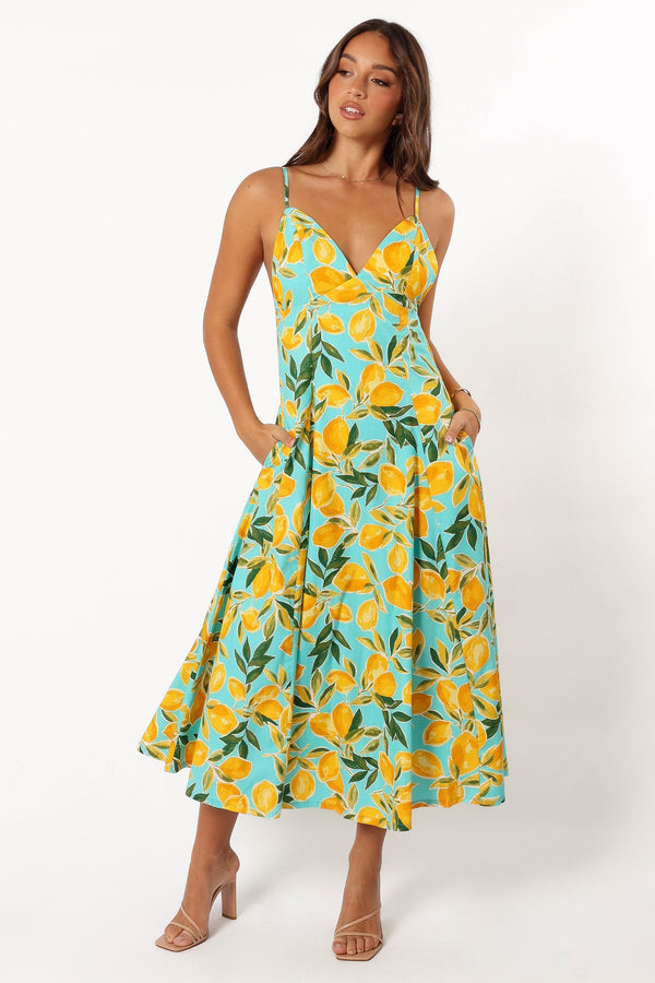 Petal and Pup USA DRESSES Emery Lemon Print Midi Dress - Sky Lemon