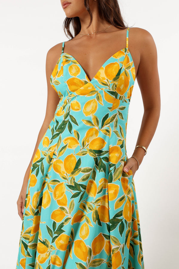 Petal and Pup USA DRESSES Emery Lemon Print Midi Dress - Sky Lemon