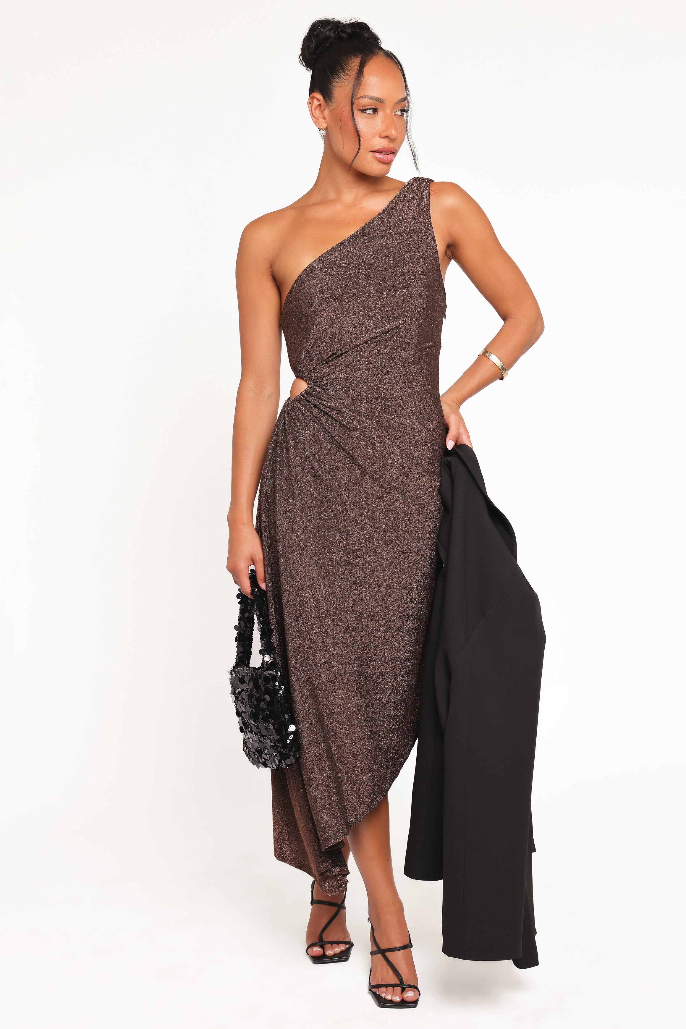 Petal and Pup USA DRESSES Emma One Shoulder Midi Dress - Vintage Gold