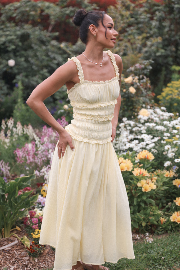 Petal and Pup USA DRESSES Enola Gather Midi Dress - Yellow