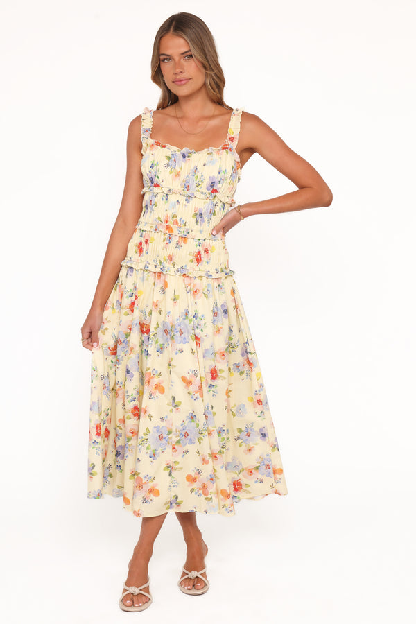 Petal and Pup USA DRESSES Enola Gather Midi Dress - Yellow Floral