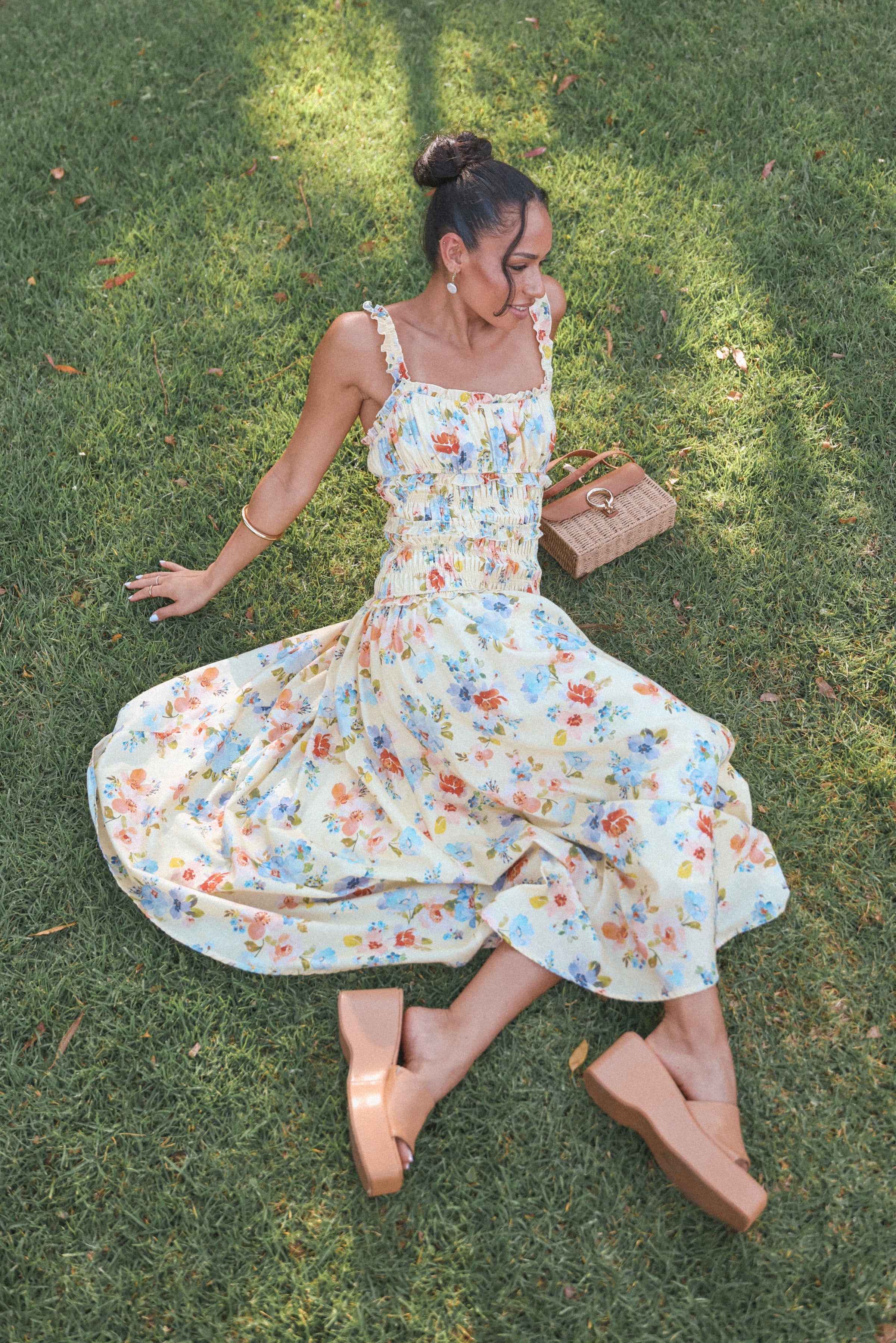 yellow floral midi dress Enola Gather Midi Dress