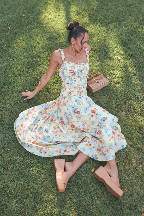 Petal and Pup USA DRESSES Enola Gather Midi Dress - Yellow Floral