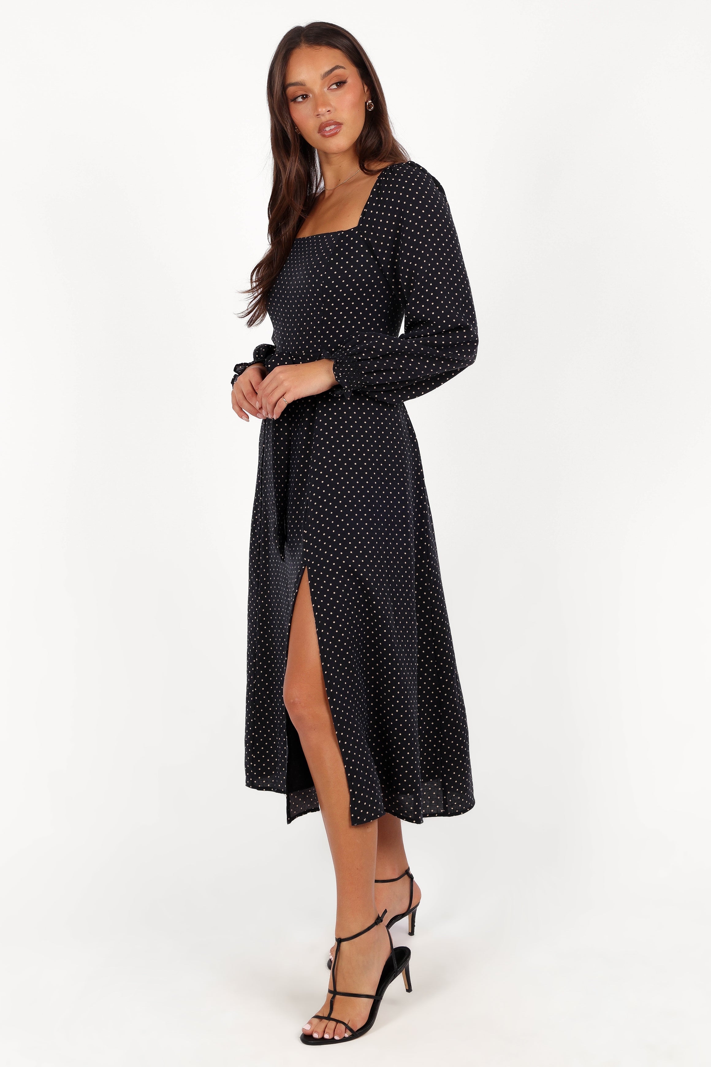Ettie Long Sleeve Midi Dress - Black Polka Dot | Petal & Pup USA